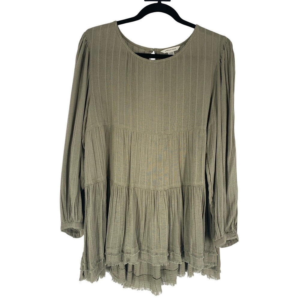 American Eagle Olive Green Tiered Babydoll Dress Open Back Long Sleeve Mini-M